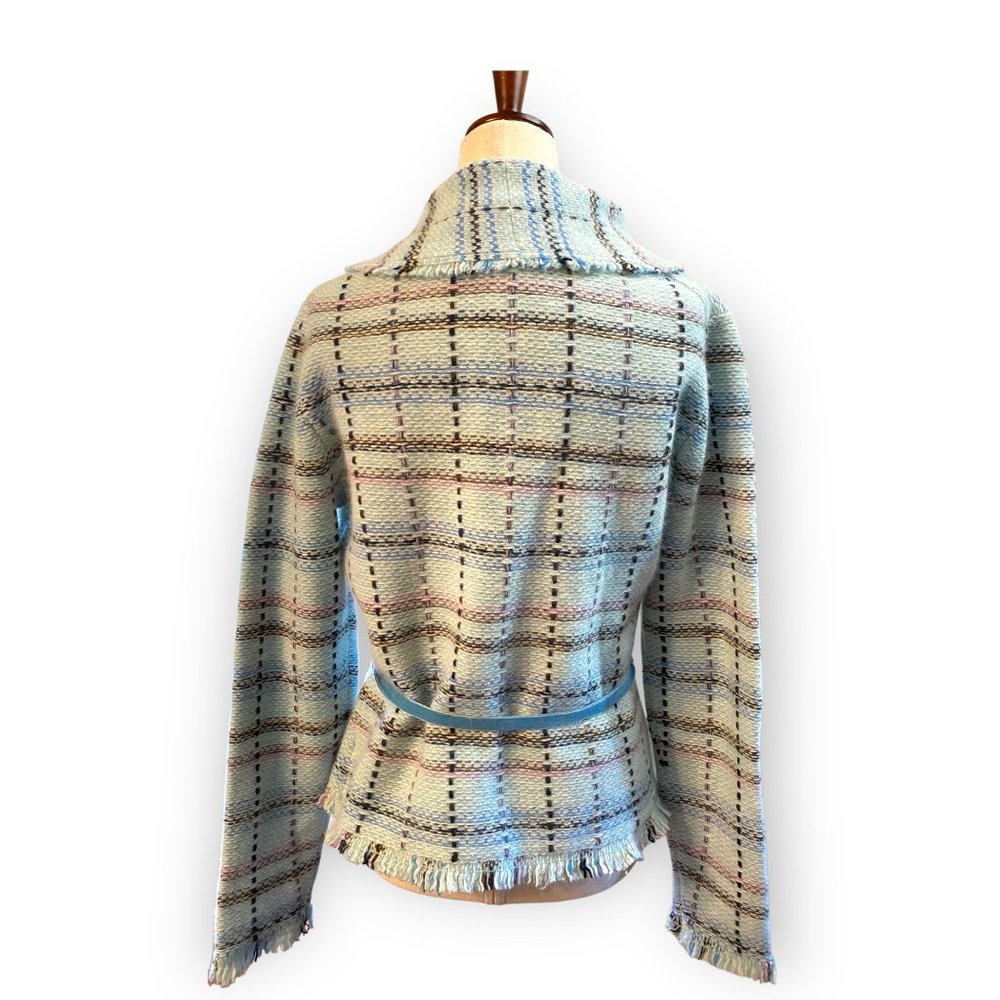 Banana Republic Wool and Angora  Baby Blue/ Pink  Fringed Blazer Size Medium - Picture 3 of 8
